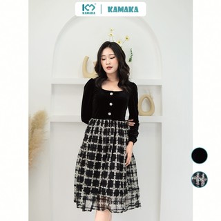 Váy nhung KAMAKA chất liệu nhung bóng, khuy cài trắng liền váy