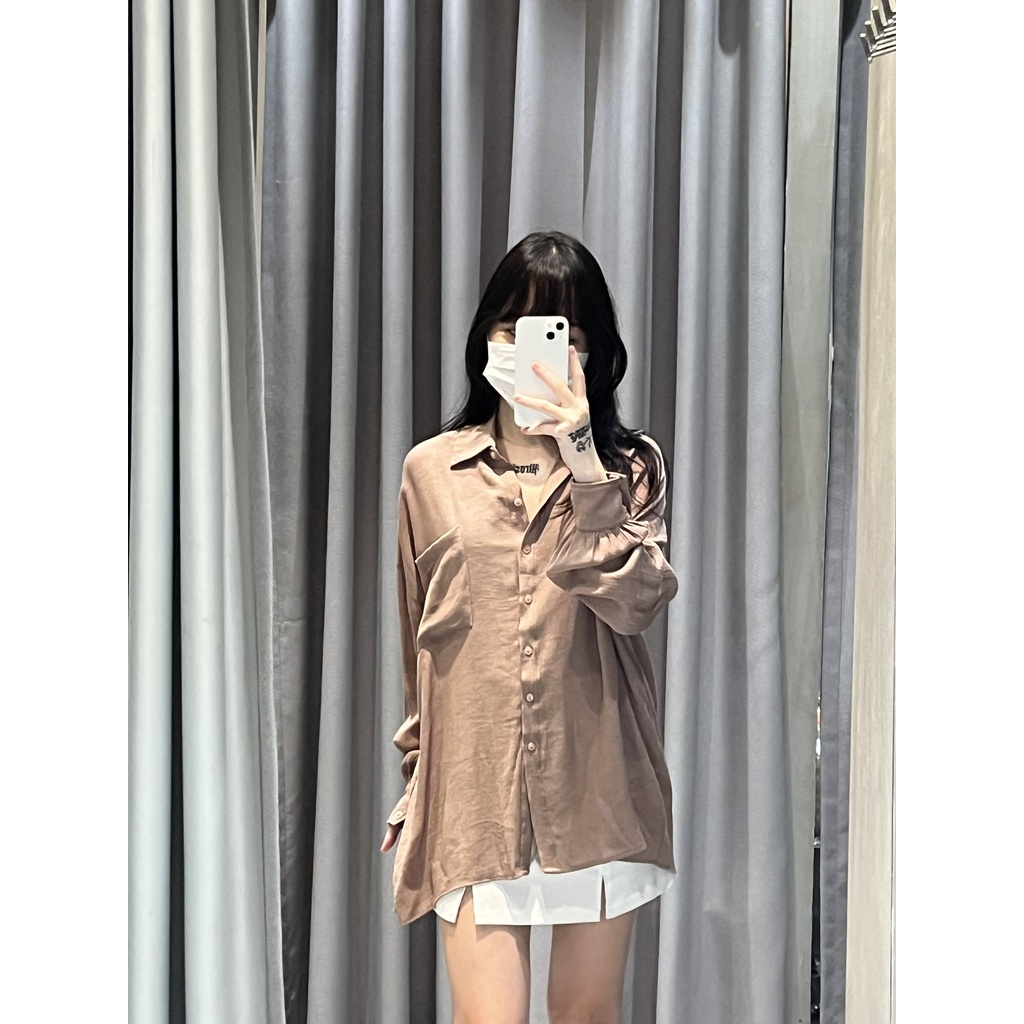 Áo sơ mi nữ tay dài màu hồng tím, có túi áo, chất liệu vải voan nhẹ nhàng - là min - BASIC POCKET SHIRT - PEACH