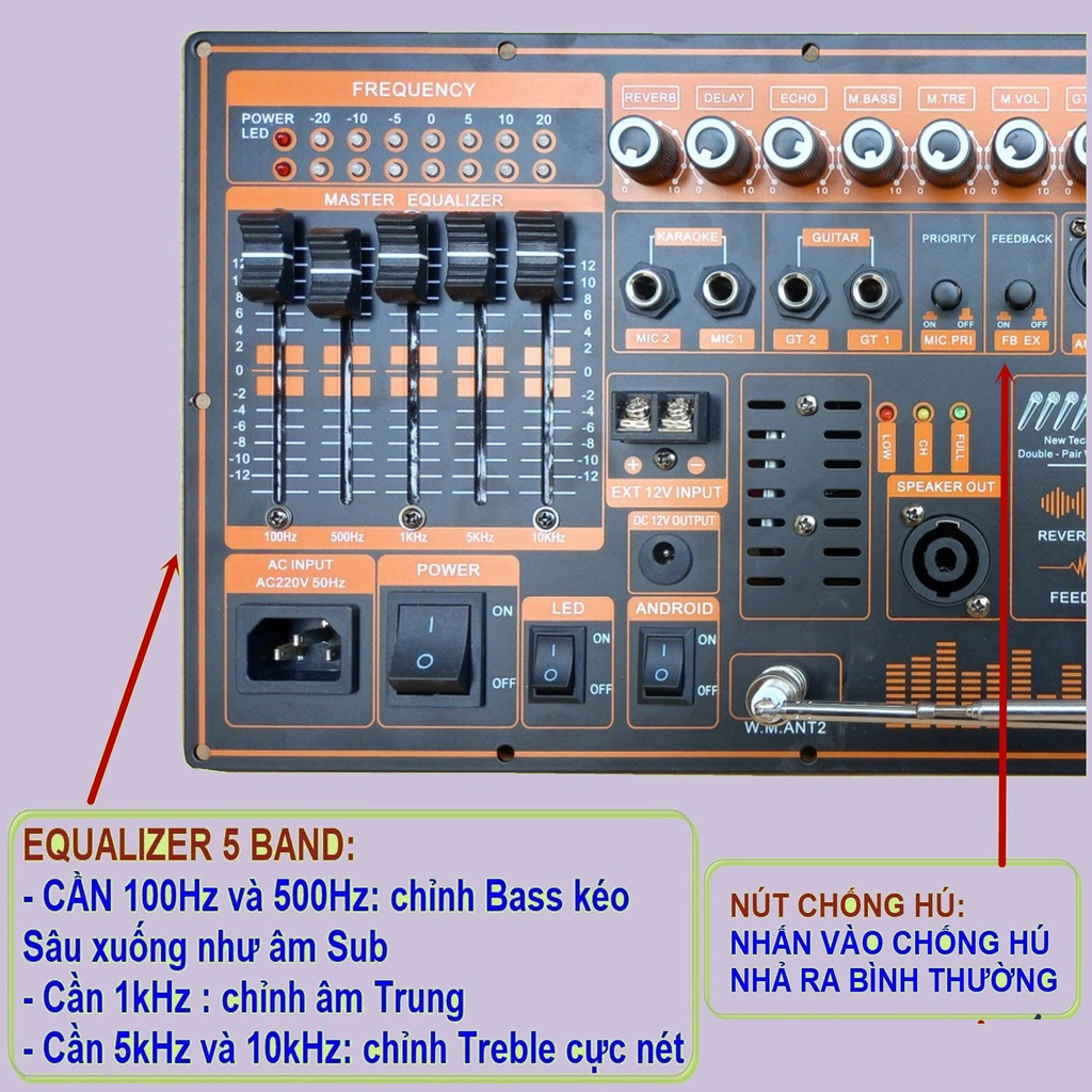 Mạch loa kéo 500W Reverb chống hú DSP Livestream Equalizer 5 Band  dùng 4 tay micro