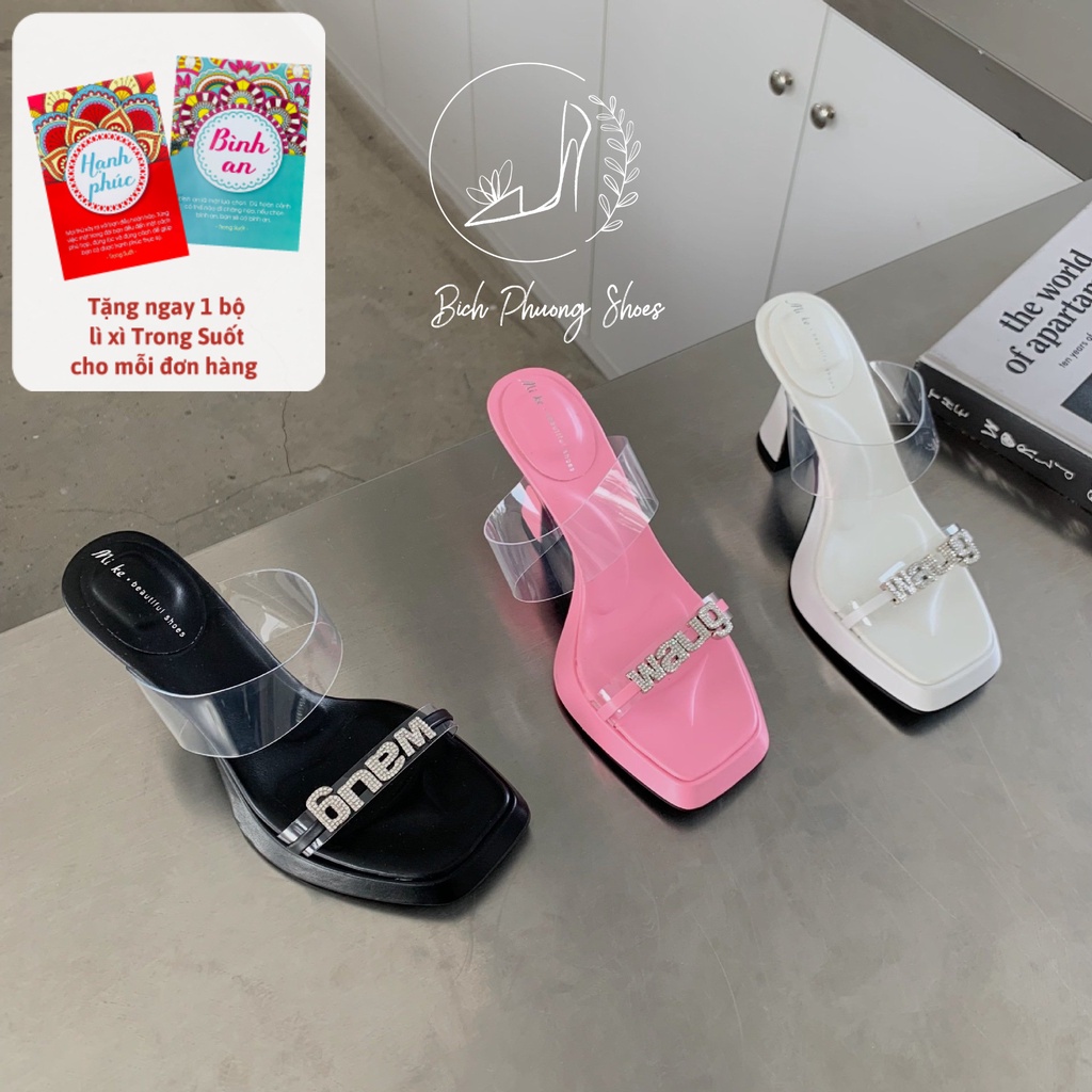 Giày guốc cao gót đế đúp 9cm quai ngang bản to kết hợp chữ Wang bichphuongshoes