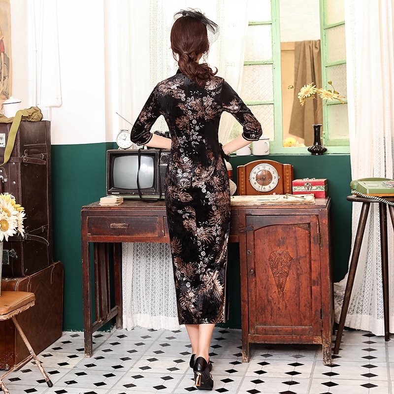 Đầm Sườn Xám Nhung Dáng Dài 3 / 4 Thời Trang Mùa Đông Phong Cách Vintage Mới Cho Nữ Qipao S1863