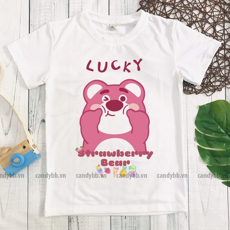 Áo thun trắng cho bé hình gấu bông dâu Lotso strawberry bear, áo phông bé trai bé gái cổ tròn mềm mịn size từ 10 - 65kg