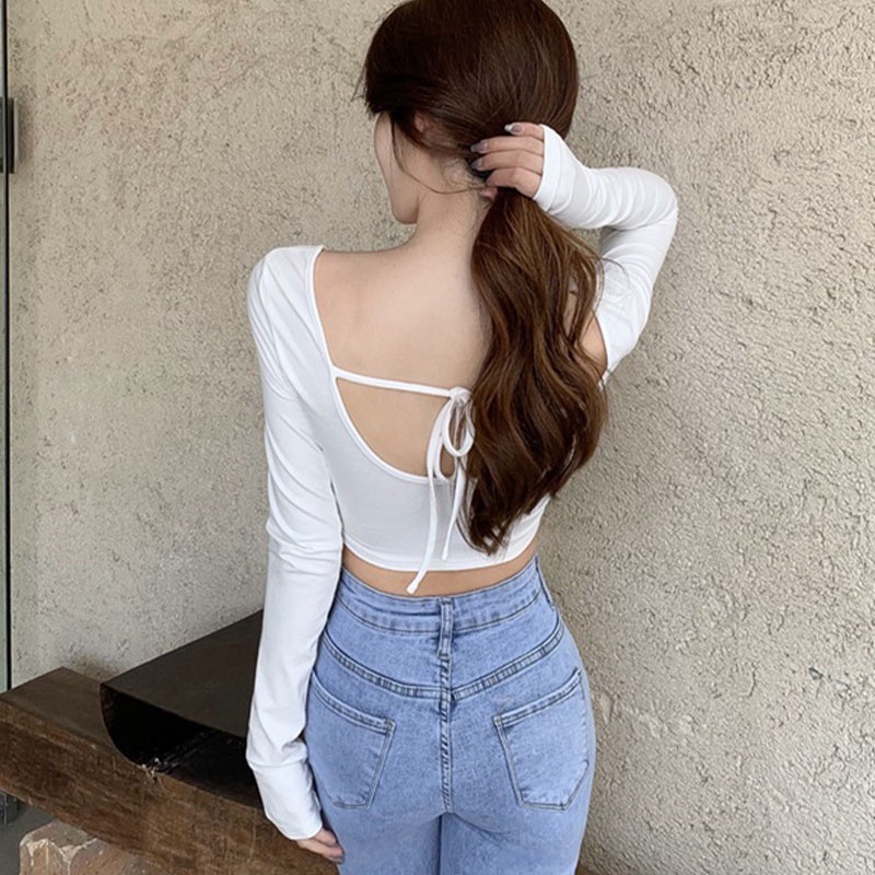 Áo XINLANYASHE tay dài cổ vuông màu trơn hở lưng thời trang xinh xắn cho nữ