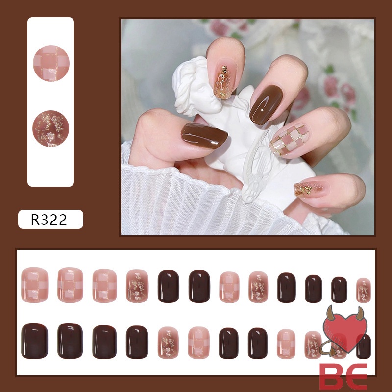 YADORNOS Set 24 móng tay giả YADORNOS dáng ngắn tông màu hồng họa tiết kẻ sọc ca rô ngọt ngào tháo rời được có keo thạch