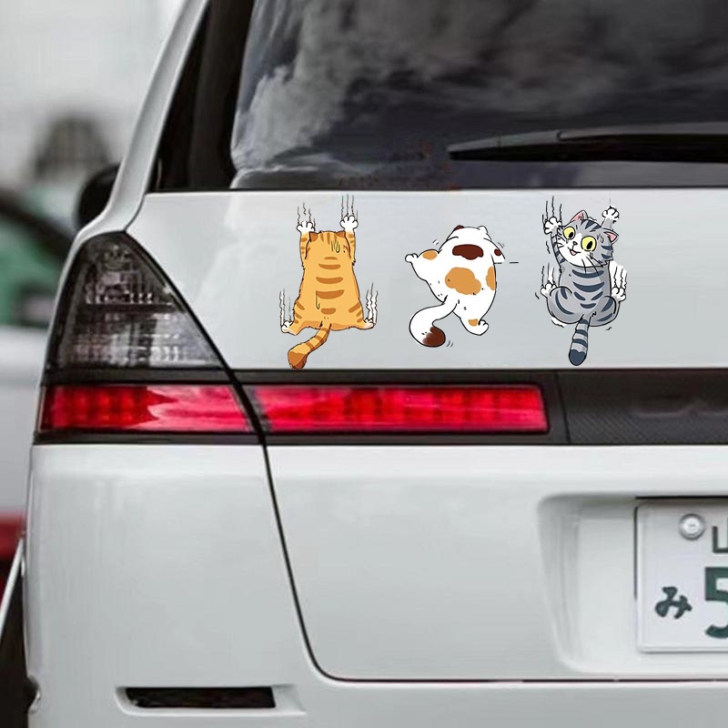Bộ 3 Nhãn Dán Trang Trí Xe Hơi Tự Dính Không Phai Họa Tiết Hoạt Hình Mèo Leo Trèo Vui Nhộn