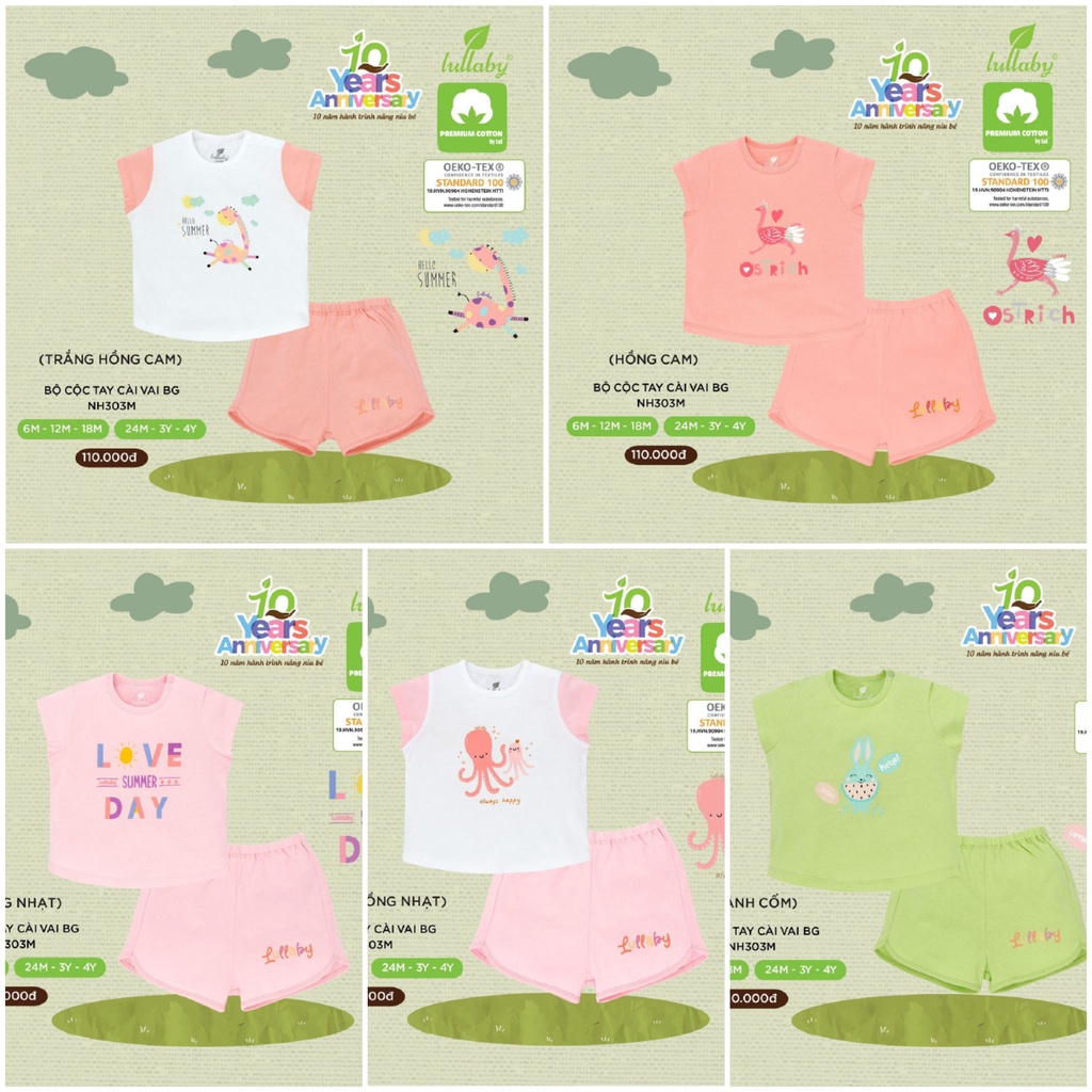 Bộ cộc tay mặc đi học mặc ở nhà cài vai cotton họa tiết cho beé gái Lullaby NH303M