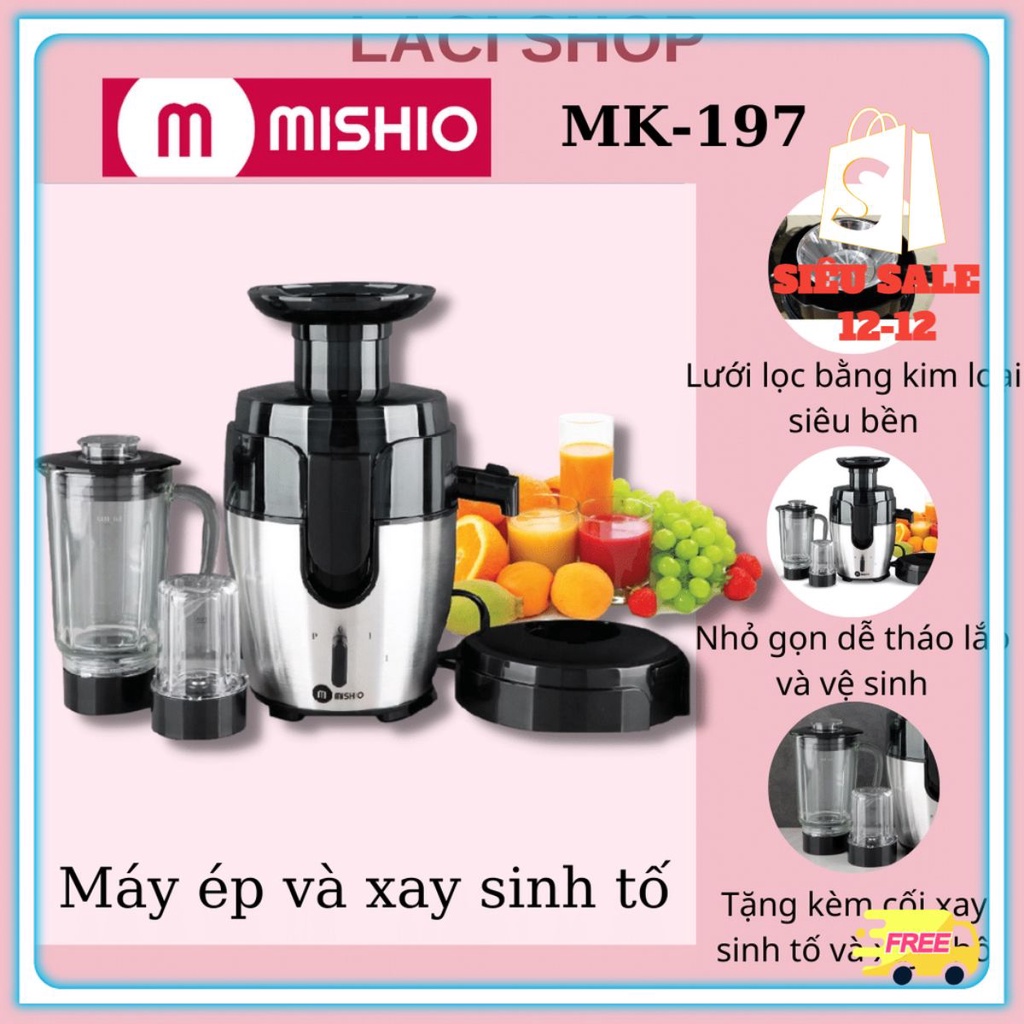 Máy xay ép trái cây cao cấp Mishio MK197 cối xay thủy tinh dung tích 1.8L công suất 400W tặng cối sinh tố + cối xay khô