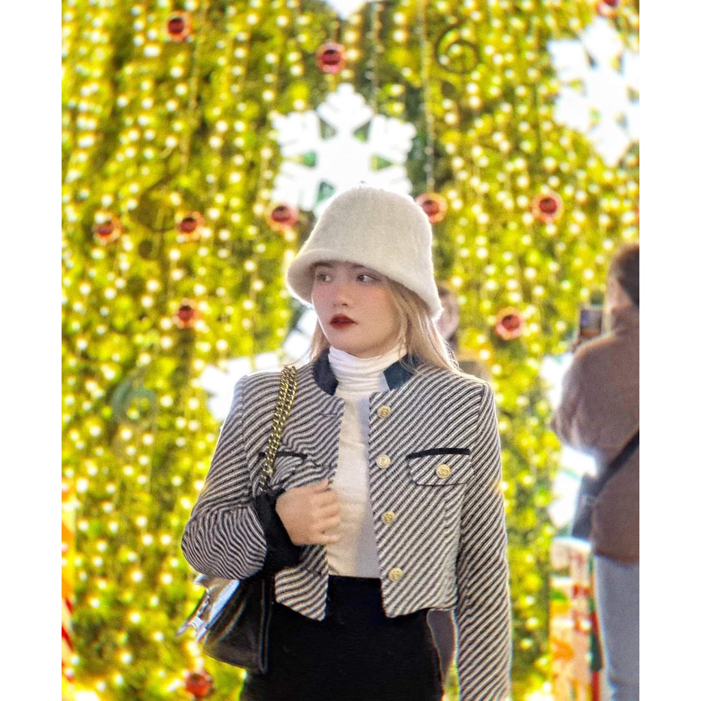 Áo dạ tweed kẻ mác miss, Áo khoác croptop sang chảnh thu đông 2022