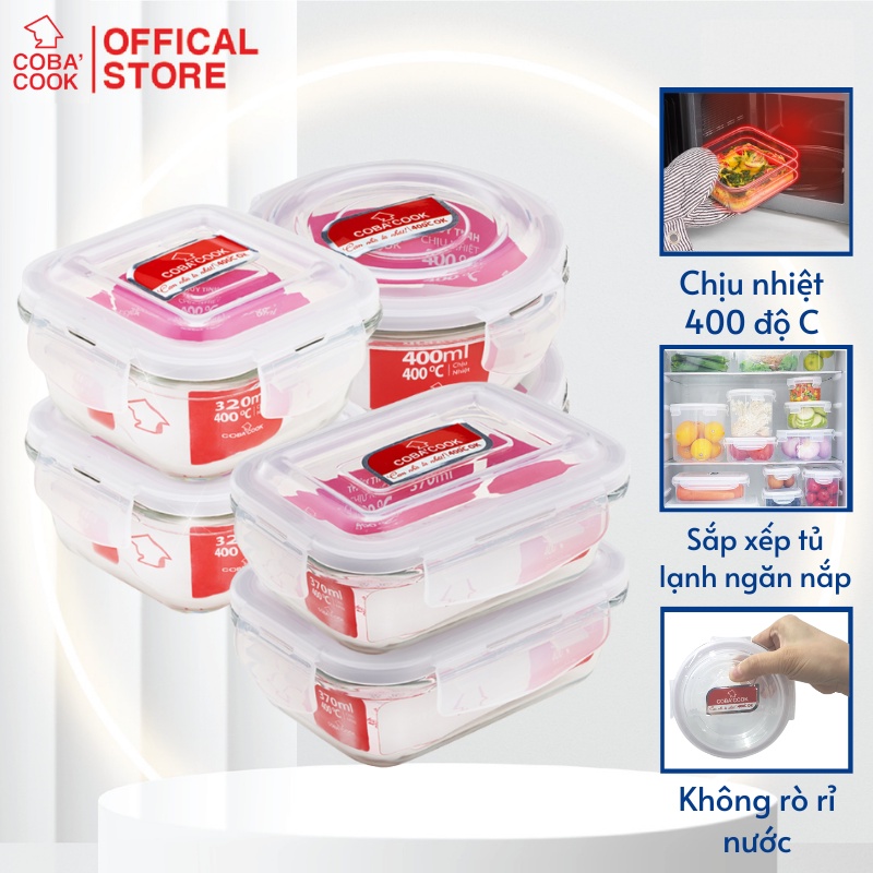 Bộ 6 Hộp Thủy Tinh Trữ Thực Phẩm Chịu Nhiệt 2 Tròn 400ml 2 Chữ Nhật 370ml 2 Vuông 320ml COBA'COOK-CCS3L3R46