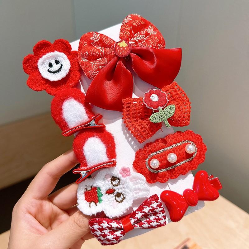 PVN56680 Set 9 Kẹp Tóc Hình Nơ Thêu Họa Tiết Phong Cách Trung Hoa Mừng Năm Mới Cho Bé Gái