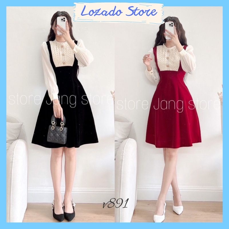 Váy nhung tay dài LOZADO thiết kế cổ phối ren sang chảnh chất liệu dày dặn - V722