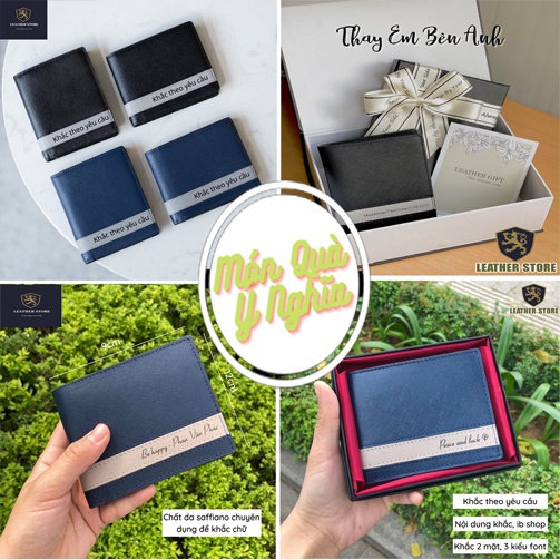 Ví Khắc Tên Da Saffiano Nhập Khẩu Leather Store Full Box Hộp Nơ Lót Lụa Đỏ, Túi Quà, Thiệp Tặng