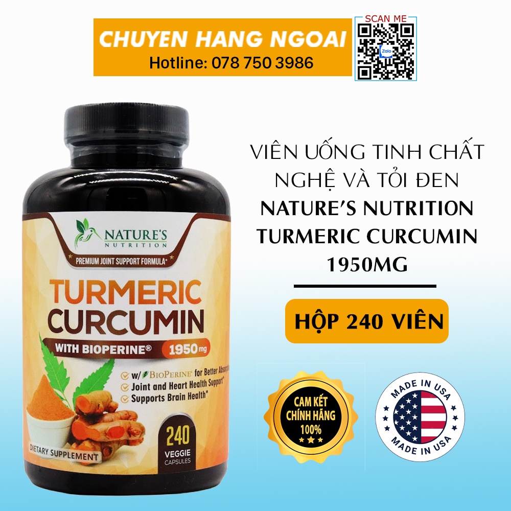 Viên Uống Tinh Chất Nghệ, Hạt Tiêu Đen Nature's Nutrition Turmeric Curcumin 1950mg with BioPerine 240 Viên