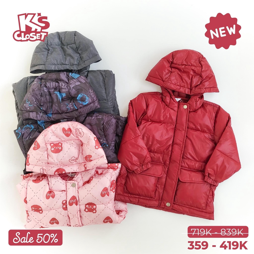 Áo Phao Dài Tay K'S CLOSET Có Mũ, In Hình Đáng Yêu Cho Bé Trai Và Bé Gái  KT248TWF
