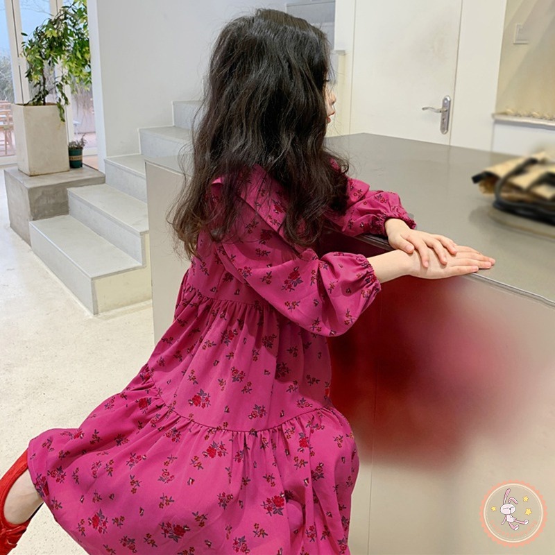 Đầm Tay Dài Cổ Búp Bê In Họa Tiết Hoa Xinh Xắn Thời Trang Cho Bé Gái