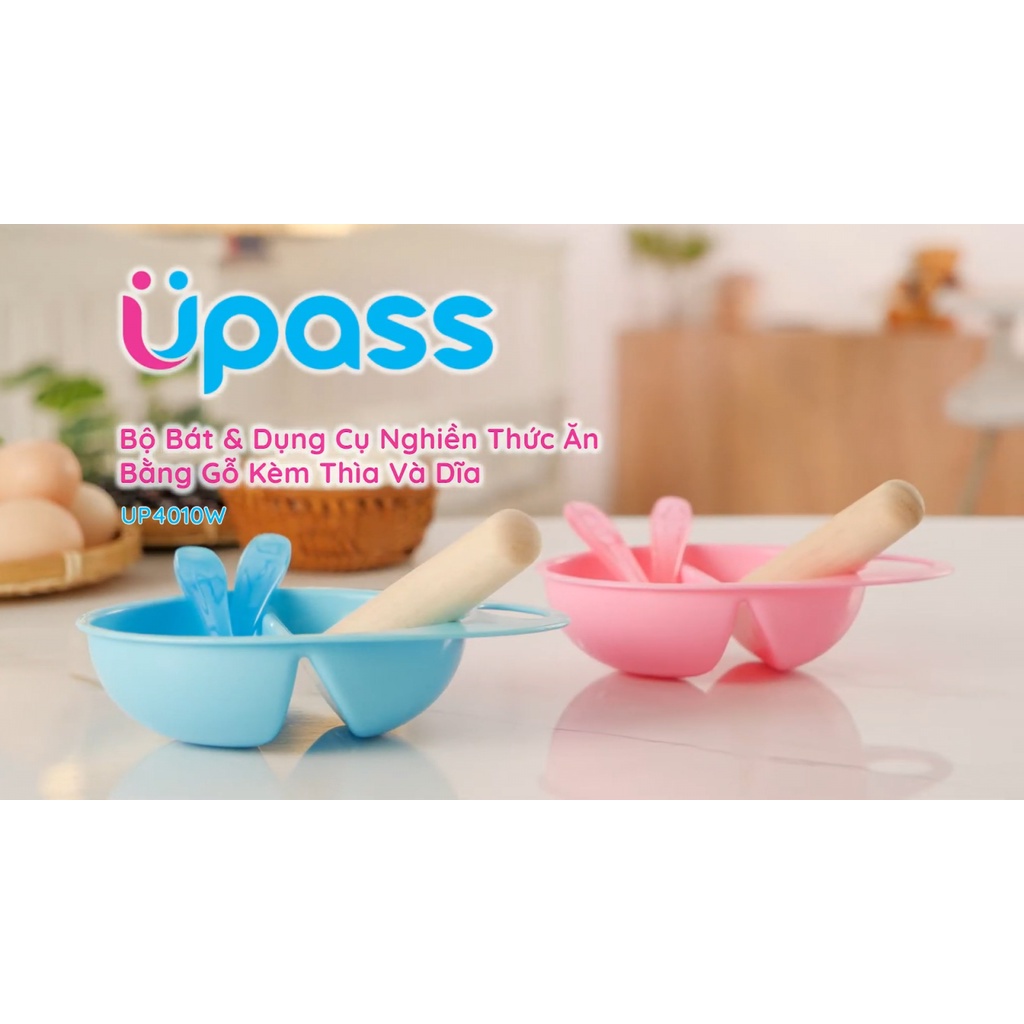 Bộ bát và dụng cụ nghiền thức ăn bằng gỗ Upass (kèm thìa và dĩa) màu hồng - Thái Lan - UP4010W