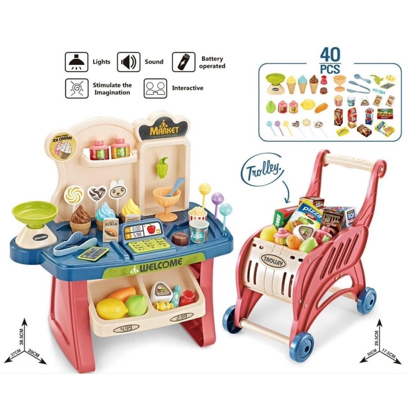 ĐỒ chơi bán hàng SIÊU THI , kèm xe đẩy 40ct cho bé