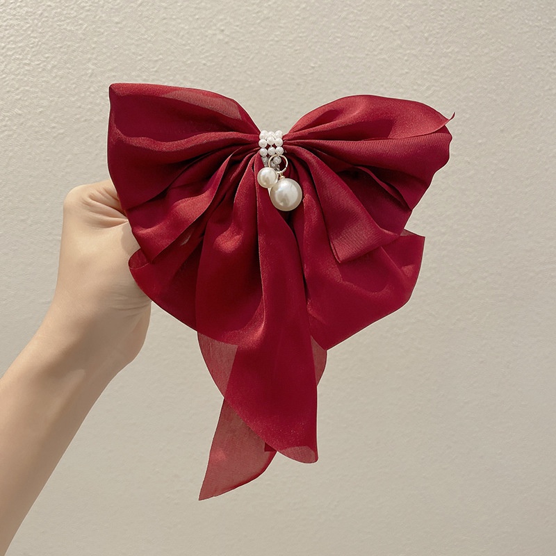 Kẹp Tóc Nơ Đính Ngọc Trai Ba Chiều Cỡ Lớn Bằng Satin Cao Cấp Phong Cách Vintage Pháp