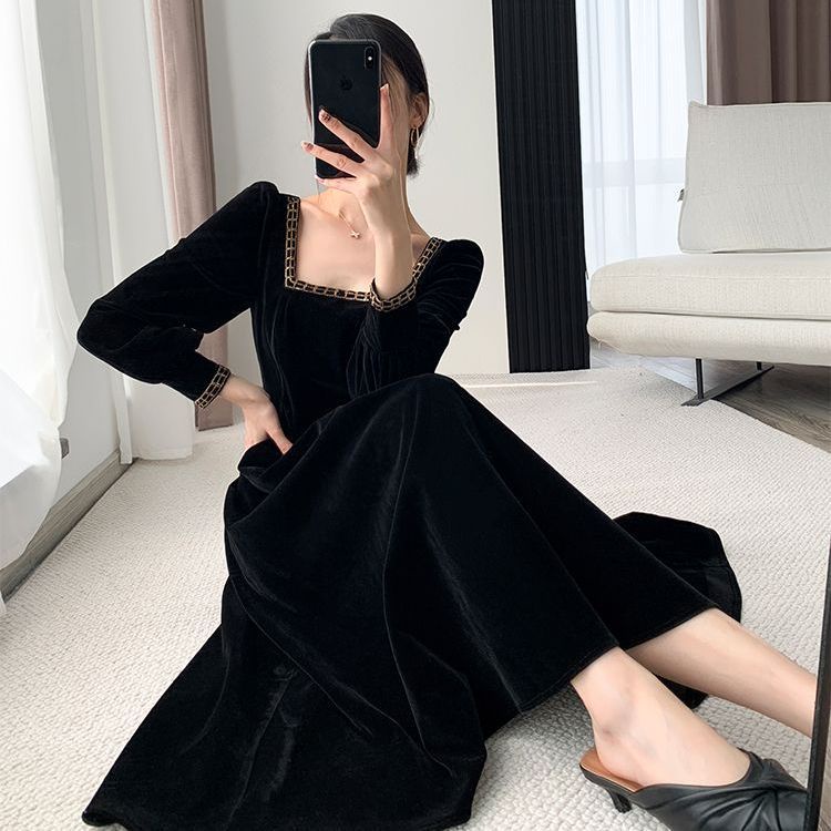 🎀đâm babydoll váy babydoll váy dài Đầm Nhung Đen Dáng Dài Cỡ Lớn Thời Trang Thu Đông Sang Trọng Cho Nữ