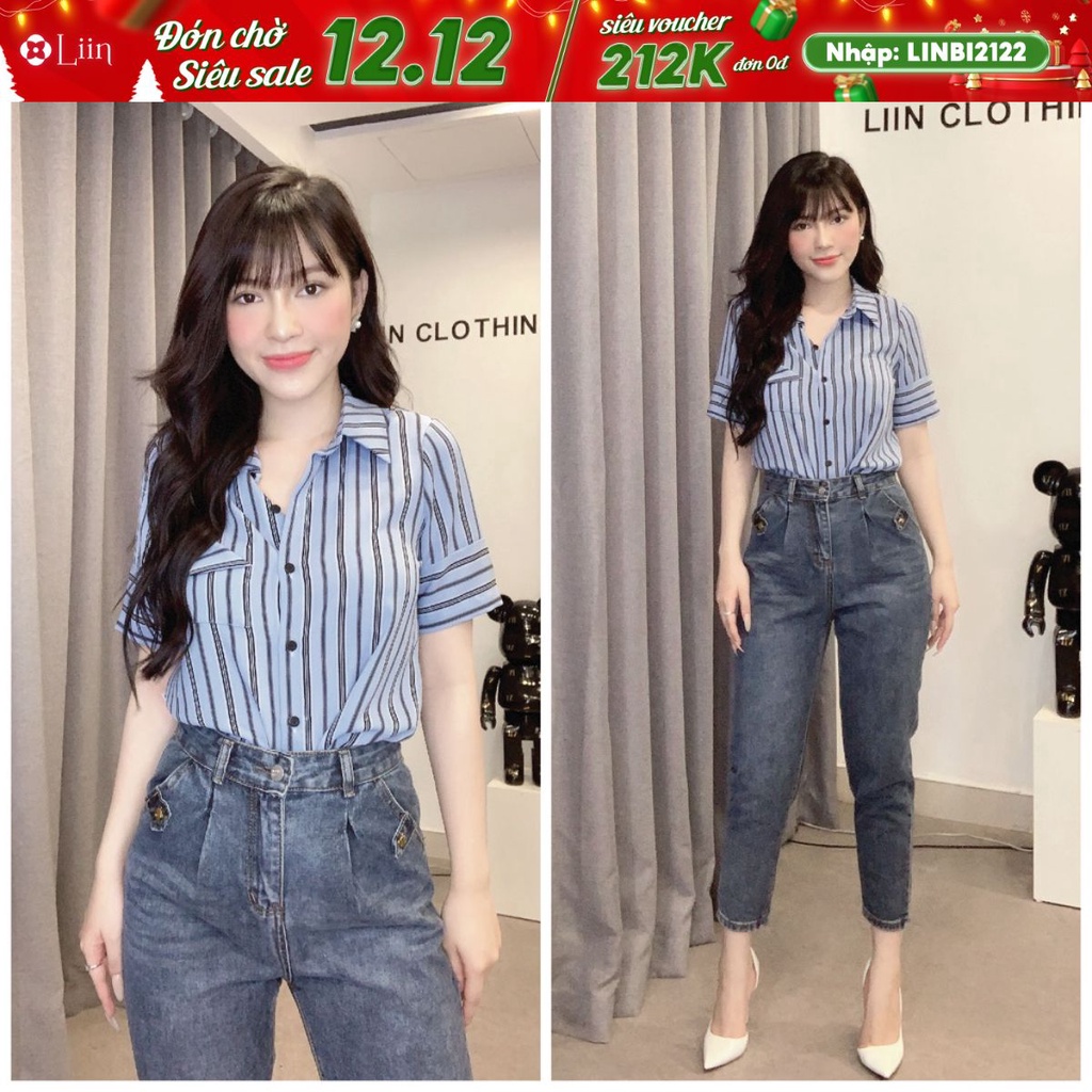 Áo sơ mi kẻ xanh ngắn tay mix túi chéo mặc tôn da, cách điệu trẻ trung, dễ phối đồ Liin Clothing SM4415
