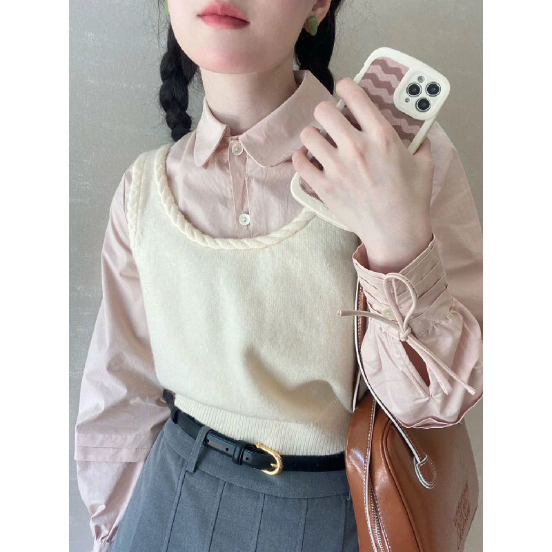 Set Áo Sơ Mi Trơn Màu + Áo Khoác Ghi Lê + Chân Váy Xếp Ly Thời Trang Dành Cho Nữ