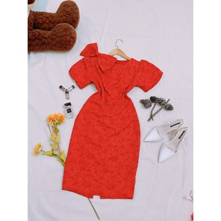 Đầm Gấm Body Đi Tiệc Tay Phồng, NEW