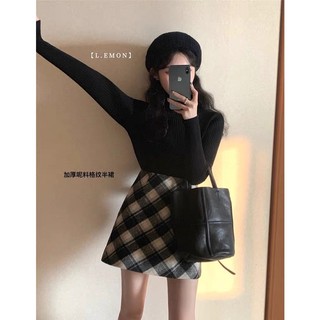 Chân váy dạ kẻ chéo to dáng a ngắn basic
