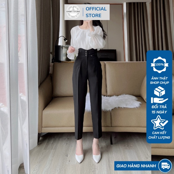 Quần tây nữ lưng cao ANMY dáng baggy cạp cao phối 3 khuy siêu tôn dáng chuẩn đẹp đứng form đen trắng nâu Q513