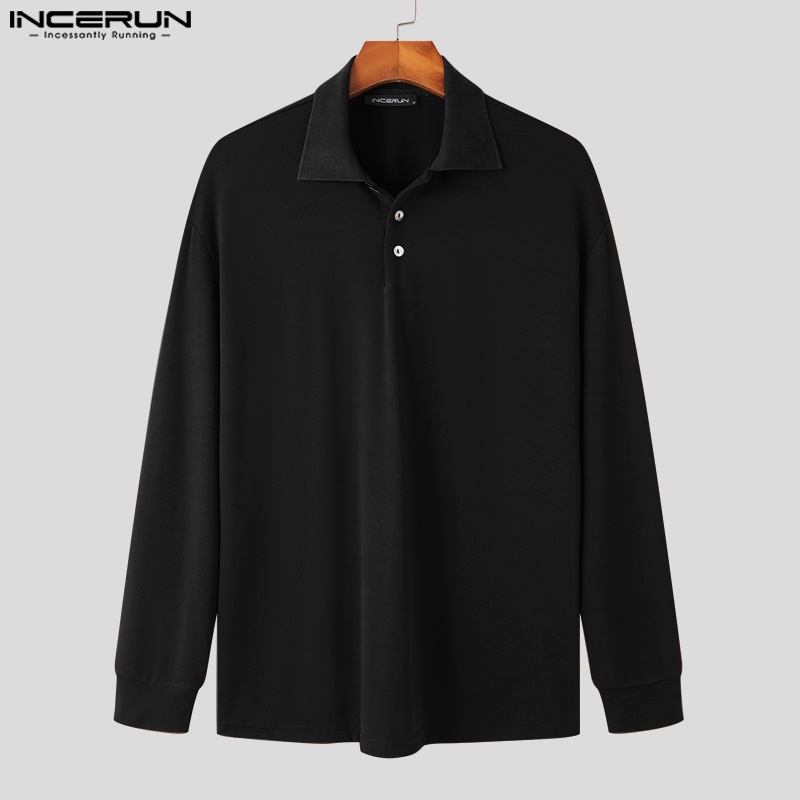 Áo polo INCERUN tay dài màu trơn phong cách Hàn Quốc thời trang dành cho nam với 4 màu tùy chọn