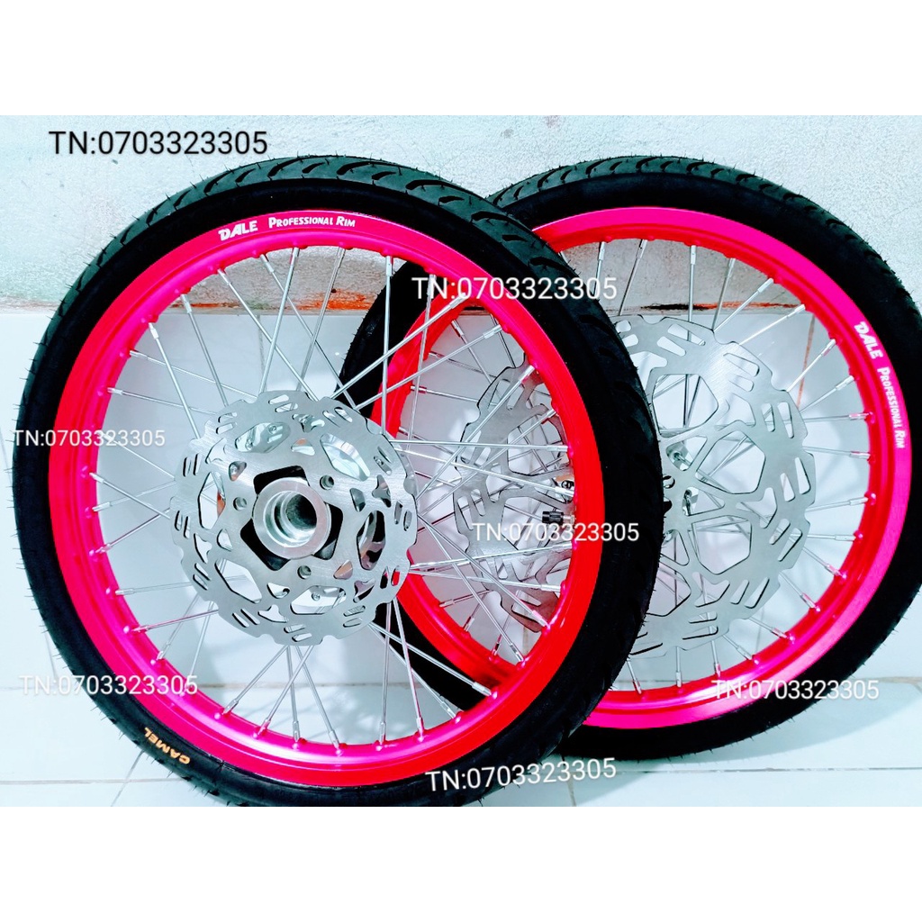 CẶP BÁNH CĂM RAIDER SATRIA NIỀN NHÔM DALE .BAN ZAI .SOLUTE. SH THÁI HỒNG  KÈM 2 ĐĨA VÀ VỎ CAMEL 50.100.60.80