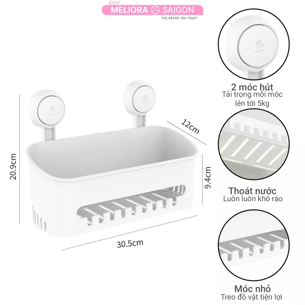 Kệ phòng tắm cao cấp MELIORA không khoan tường tải treo 10kg chống nước tái sử dụng hút chân không treo tường SG558
