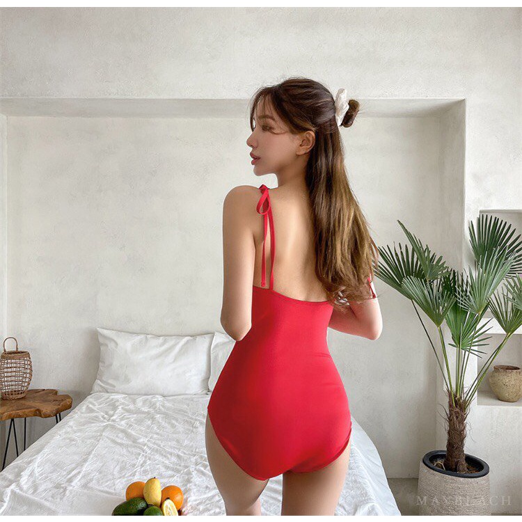 [Đồ bơi liền mảnh 2023] Bikini 1 mảnh đi biển hở lưng cột nơ DÂY NHỎ màu đỏ TRƠN sành điệu