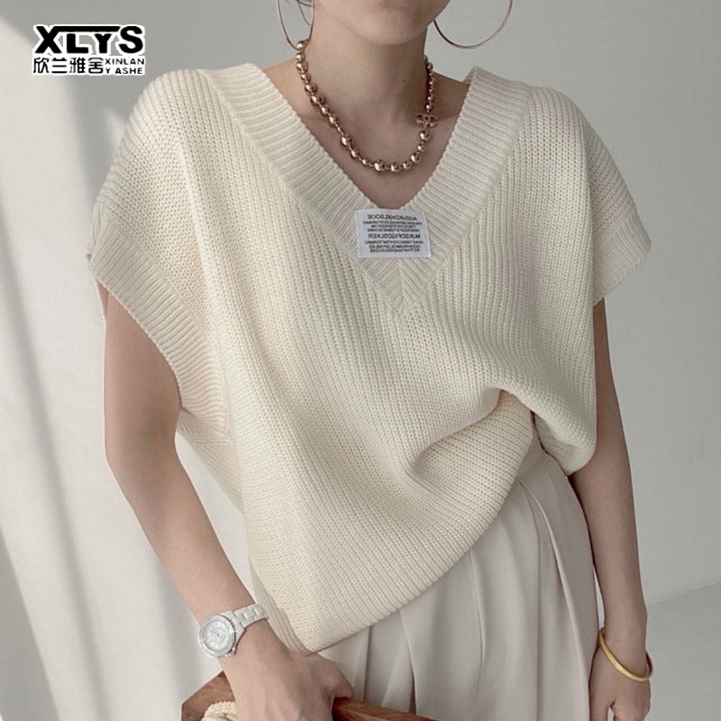 Áo kiểu XINLANYASHE dệt kim không tay dáng rộng cổ chữ V hông xẻ tà độc đáo phong cách Hàn Quốc thời trang dành cho nữ