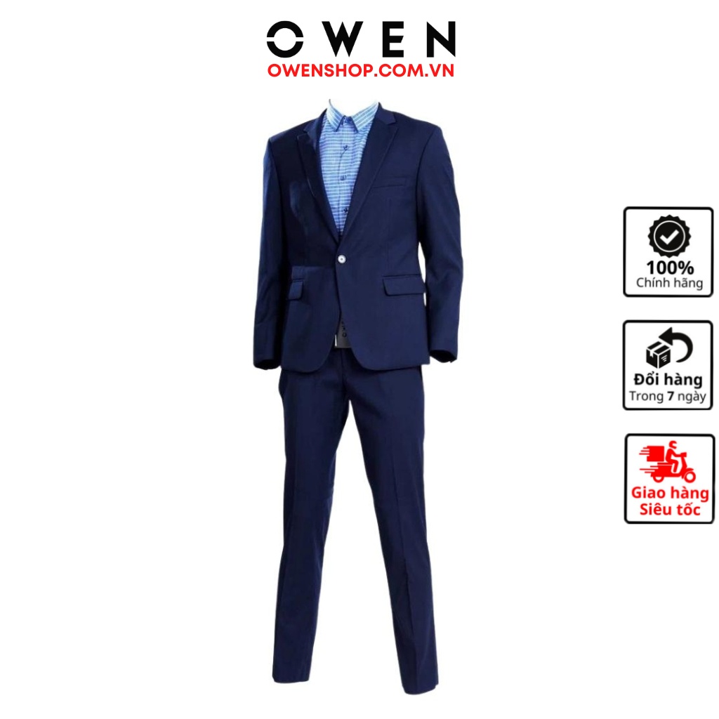 Bộ veston công sở nam cao cấp OWEN VEL80641 vest comple màu xanh dương đậm vải polyester suit dáng suông một cúc tà xẻ h