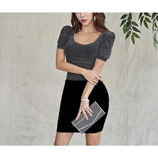ZARA Áo kiểu dệt kim tay nhún cổ tròn sâu 096