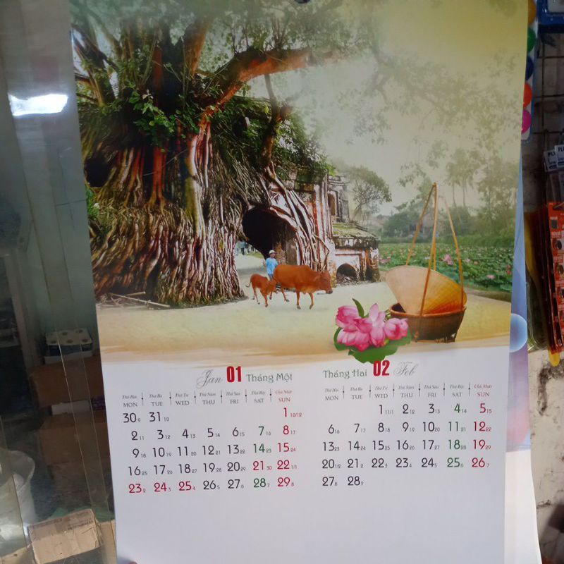 Lịch Tết  2023 treo tường lò xo đỉnh 7 tờ Quý Mão siêu đẹp, kích thước 40x60 và 36x70