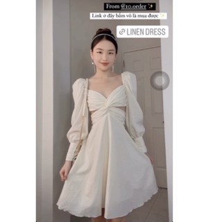 Linen dress - đầm xoắn eo cột nơ lưng - màu kem sẵn