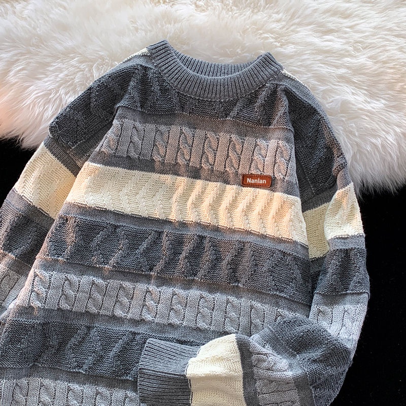 Áo Sweater Cổ Tròn Kẻ Sọc Màu Sắc Tương Phản Thời Trang Thu Đông Cho Nam Và Nữ