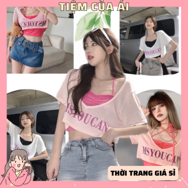 🌸 Set áo cặp croptop cổ V ngắn tay phối xích và áo yếm cột dây 🌸
