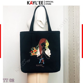 [Túi thêu] Túi canvas thêu hình cô gái có khóa kéo ngăn phụ túi tote vải thời trang đi học đi chơi Design KayLee TT02