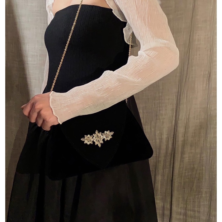 The Ines - Túi xách nhung mịn charm dãy đá đi kèm 2 loại quai