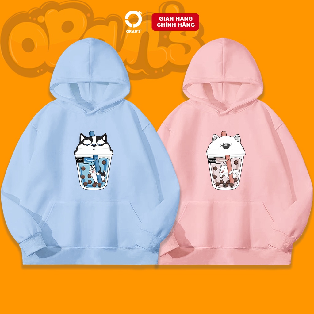 Áo Hoodie đôi in hình trà sữa 4 màu chất nỉ cotton lót bông cao cấp form rộng unisex - ORAN'S HOODIE COUPLE 08