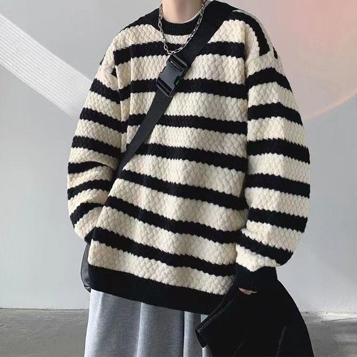 Áo Sweater Tay Dài Dáng Rộng Họa Tiết Kẻ Sọc Thời Trang Thu Đông Cho Nam
