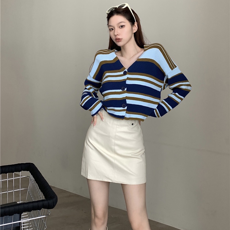 IELGY   Áo Khoác Lửng Họa Tiết Kẻ Sọc Màu Sắc Tương Phản Thời Trang Cho Nữ