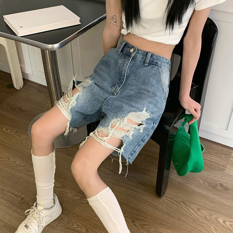 Jiashucheng Quần Short Denim Mỏng Dáng Rộng Thiết Kế Rách Thời Trang Xuân Hè Cá Tính Cho Nữ