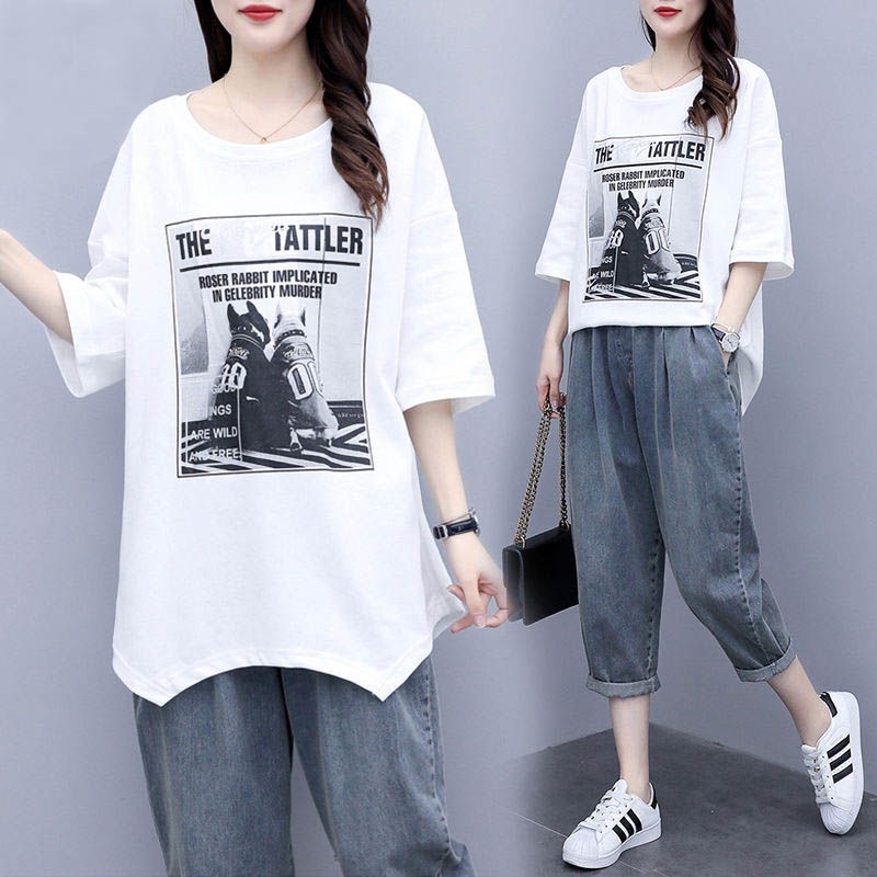 One Set Áo Thun Ngắn Tay Cổ Tròn + Quần Jeans Dài Ống Rộng Thời Trang Nữ