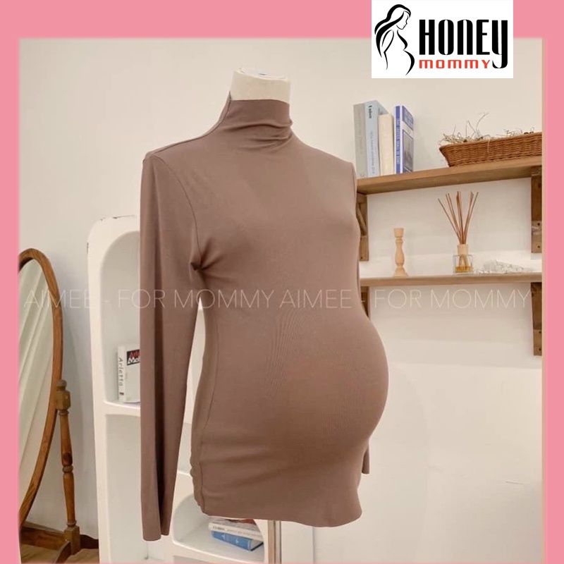 Áo Bầu Giữ Nhiệt Cao Cổ 3p Chất Len Tăm Co Giãn Giữ Ấm Thu Đông Honey Mommy