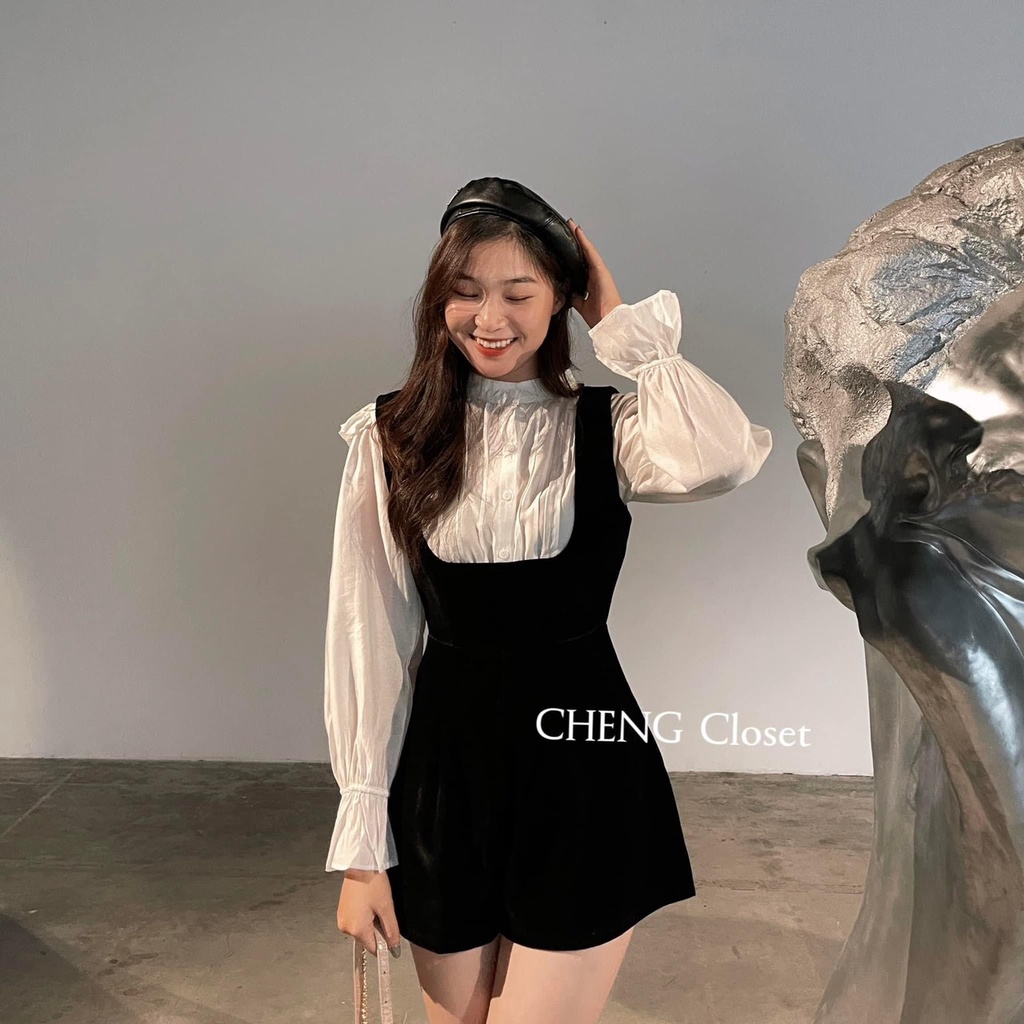 SET QUẦN GIẢ VÁY ỐNG RỘNG NGẮN DÂY SUÔNG TRƠN CỔ U JUMPSUIT/ĐỒ BAY YẾM + ÁO SƠ MI CỔ TRỤ TAY BỒNG TRẮNG DẠO PHỐ DỰ TIỆC