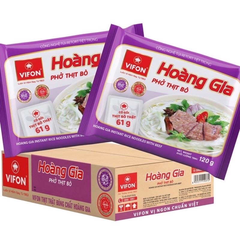 Thùng 18 Gói Phở Bò | Phở Gà Hoàng Gia Vifon (Có Thịt Thật) 120g/gói