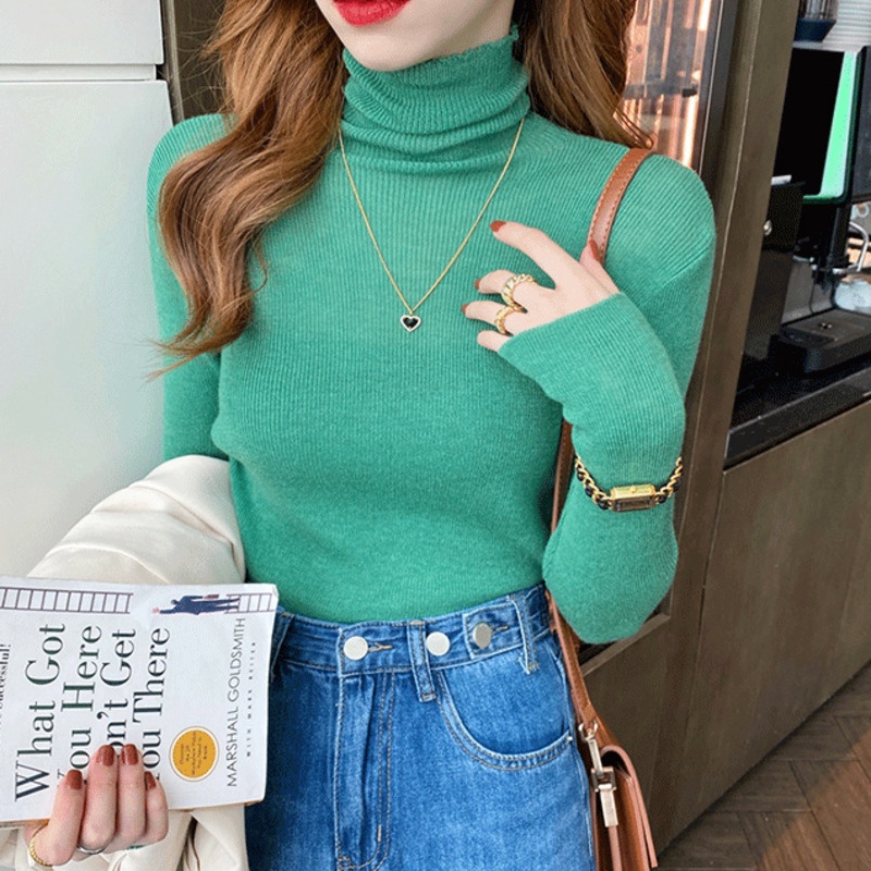 Áo Sweater Dệt Kim Tay Dài Cổ Lọ Màu Sắc Đơn Giản